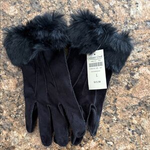 Coldwater Creek Elegant Black Gloves with Fur Trim